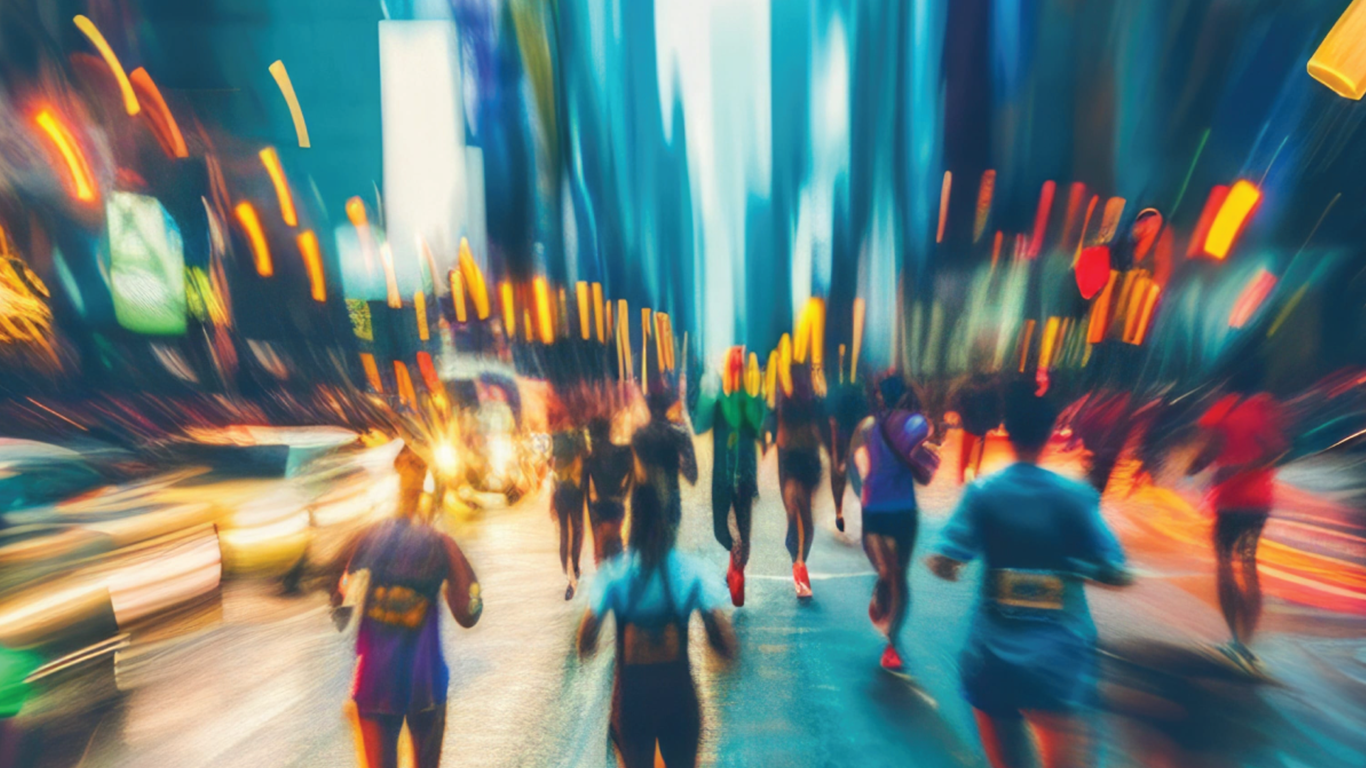 Blurred marathon runners on a city street at night amid colorful streaks of light.